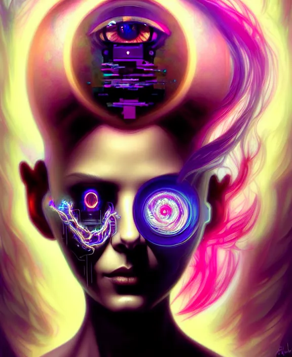 Image similar to a whirlwind of souls rushing inside the metaverse, hologram, half body, neurochip, shaved temple, piercing, jewelry, android, cyborg, cyberpunk face, by loish, d & d, fantasy, intricate, elegant, highly detailed, colorful, digital painting, artstation, concept art, art by artgerm and greg rutkowski and alphonse mucha