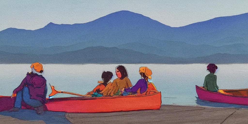 Prompt: “ girls sitting in canoe on the hudson river drinking beer, mountains in fog background, vibrant colors, sharp detail, by paul pope ”