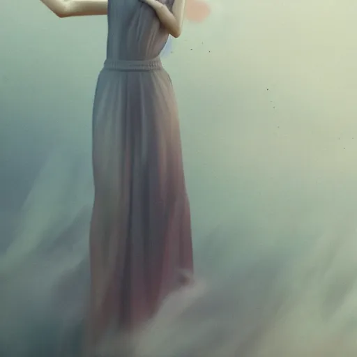 Prompt: tom bagshaw, vaporwave girl in full long dress, curiosities, accurate features, focus, very intricate ultrafine details, random volumetric lighting, fog, award winning masterpiece, octane render 8 k hd, artstation