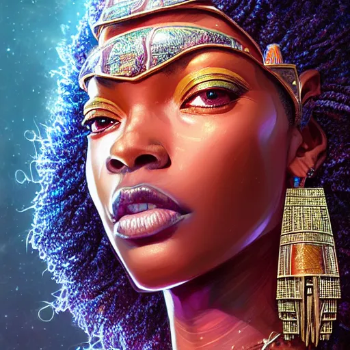 Image similar to highly detailed portrait of an african egyptian goddess, intricate alien technology, stephen bliss, unreal engine, fantasy art by greg rutkowski, loish, rhads, ferdinand knab, makoto shinkai and lois van baarle, ilya kuvshinov, rossdraws, tom bagshaw, global illumination, radiant light, detailed and intricate environment