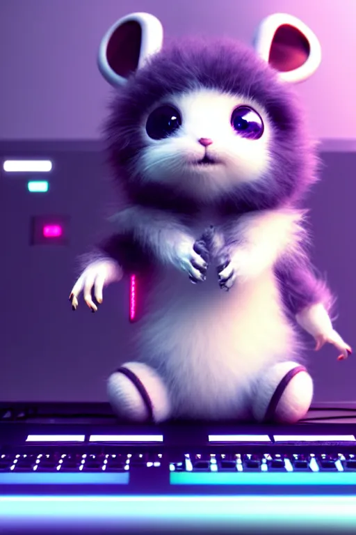 Image similar to high quality 3 d render very cute fluffy cyborg!! mouse plays keyboard, cyberpunk highly detailed, unreal engine cinematic smooth, in the style of blade runner & detective pikachu, hannah yata charlie immer, moody light, low angle, uhd 8 k, sharp focus