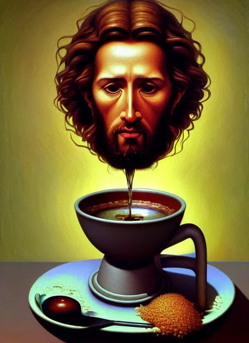 Image similar to hyper detailed 3d render like an Oil painting - Portrait of Jesus Christ drinking coffee by Jacek Yerka, Mariusz Lewandowski, Houdini algorithmic generative render, Abstract brush strokes, Masterpiece, Edward Hopper and James Gilleard, Zdzislaw Beksinski, Mark Ryden, Wolfgang Lettl, hints of Yayoi Kasuma, octane render, 8k