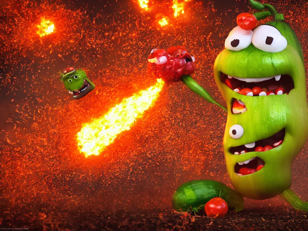 Image similar to highly detailed 3 d render of a raging mad angry zucchini character, burning scissors flying, dirt road, scared tomates scattered everywhere, high speed action, explosions, dramatic scene, hyper realistic octane render, cinematic lighting, tomato splatter, deviantart, black sky, lowbrow, surrealism, pixar still, mayhem