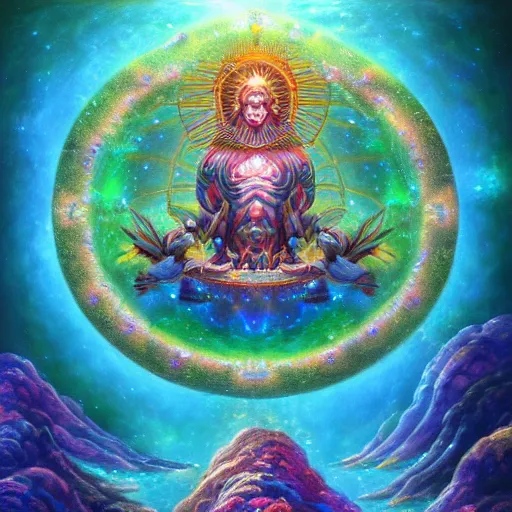 Prompt: powerful stern god of tropical fish metaverse made of ancient magic technology, galactic nebular astral realm sacred journey in oil painting, trending on artstation, award winning, emotional vibrant, highly detailed surrealist art