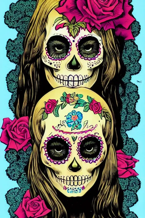 Image similar to illustration of a sugar skull day of the dead girl, art by richard corben