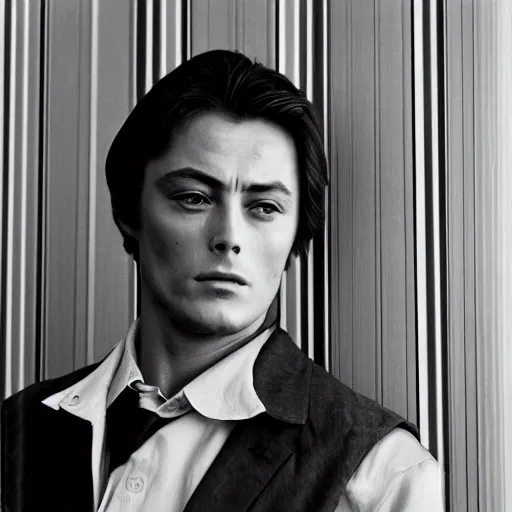 Image similar to stunning symmetrical portrait of alain delon in front of a ( ( ( tall moog synthesizer ) ) ), high contrast grainy blank and white photography print ilford warm tone