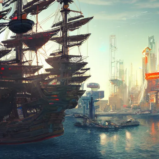 Image similar to high quality photo of a pirate ship in a cyberpunk cyberpunk cyberpunk city, realism, 8k, award winning photo