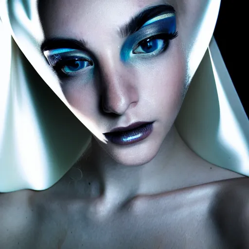 Image similar to high fashion photography of a model in neo futurism white sci - fi makup, a huge white snail on her head, transparent cloth, beautifully lit