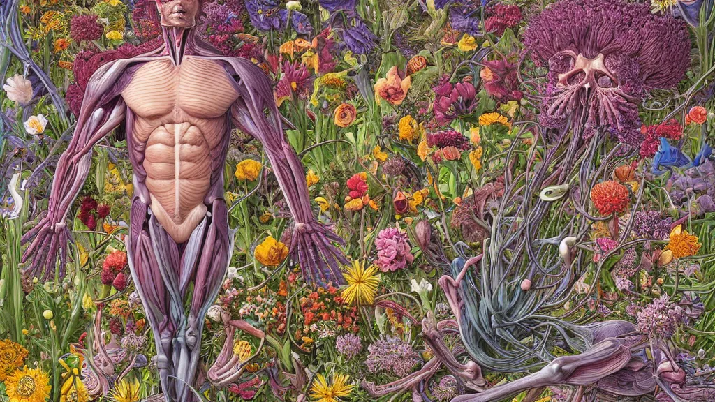 Image similar to highly detailed illustration of a human anatomy body exploded by all the known species of flowers by juan gatti, by moebius!!,, by oliver vernon, by joseph moncada, by damon soule, by manabu ikeda, by kyle hotz, by dan mumford, by kilian eng