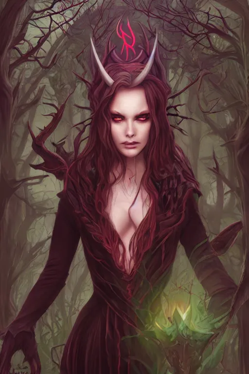 Image similar to satanic witch in the evil forest, fantasy, 8 k resolution, hyper detailed, d & d, character design, digital painting, trending on artstation, sharp focus, illustration, art by artgerm, steve zheng, fuji choko, viktoria gavrilenko, hoang lap