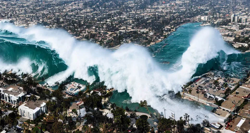 Prompt: tidal wave crashing into Los Angeles, wide-angle aerial shot, romantic painting