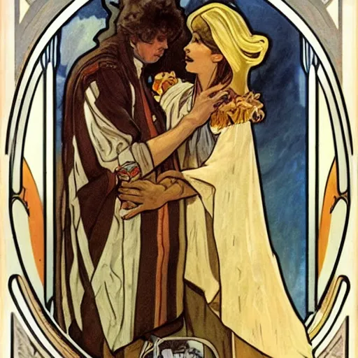 Prompt: baby gamorian guard being looked after by tom baker dr who, alphonse mucha