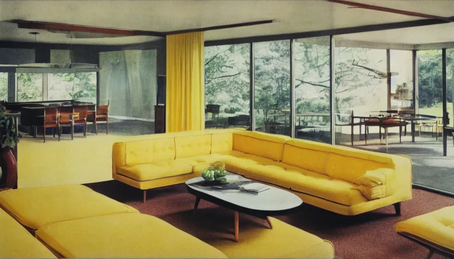 Prompt: architecture ad for inside a mid-century modern house designed by more van der rohe. Film grain, cinematic, colorized, yellow hue.