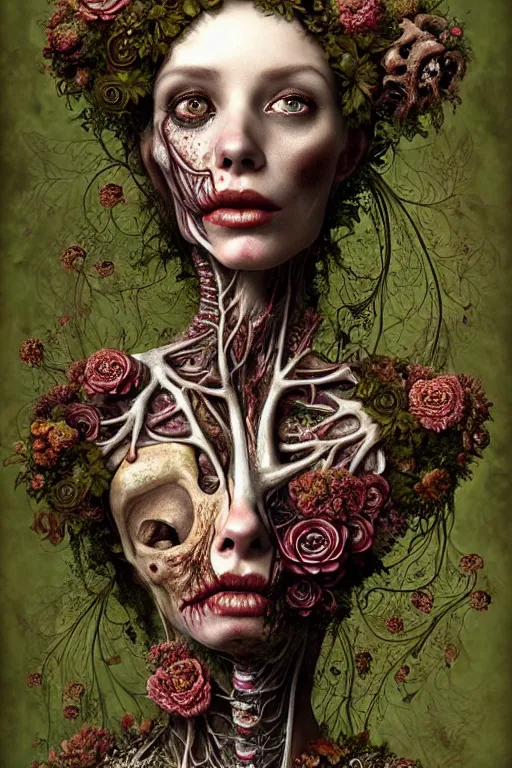 Prompt: beautiful and detailed rotten woman corpse with fractal plants and fractal flowers and mushrooms growing around, face muscles, veins, arteries, intricate, ornate, surreal, ray caesar, john constable, guy denning, dan hillier