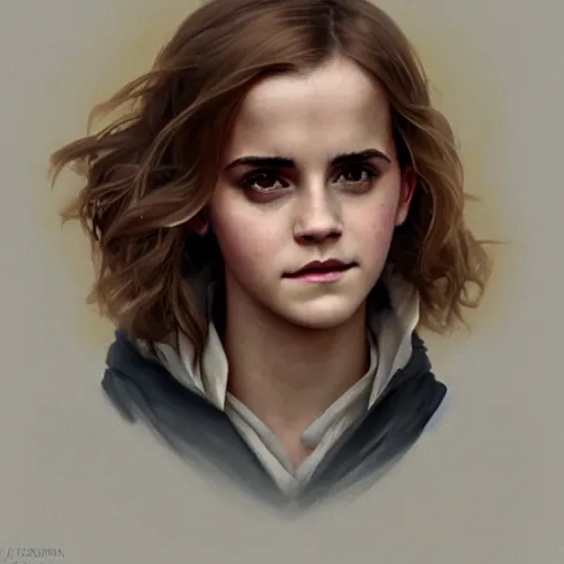 Image similar to Painting of Emma Watson as Hermione Granger. Prisoner of Azkaban. Cheerful. Happy. Art by artgerm and greg rutkowski and alphonse mucha. During golden hour. Extremely detailed. Beautiful. 4K. Award winning.