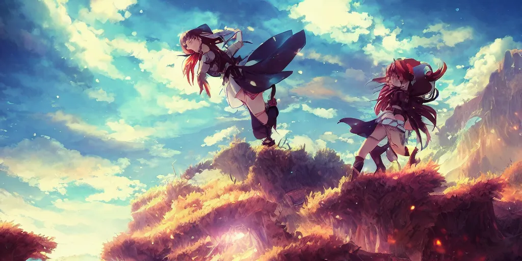 Image similar to isekai masterpiece anime girl standing tree log looking up at giant crystals, high noon, cinematic, very warm colors, intense shadows, ominous clouds, anime illustration, anime screenshot composite background by mandy jurgens, by irina french, by rachel walpole, by alyn spiller