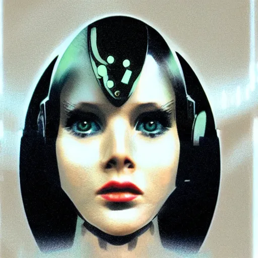 Image similar to portrait of female android, from a stanley kubrick movie