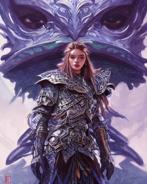 Image similar to Portrait of a Fantasy azure knight, moonlit, HD, illustration, epic, D&D, fantasy, intricate, elegant, highly detailed, digital painting, artstation, concept art, smooth, sharp focus, illustration, art by artgerm and greg rutkowski and alphonse mucha, monster hunter illustrations art book