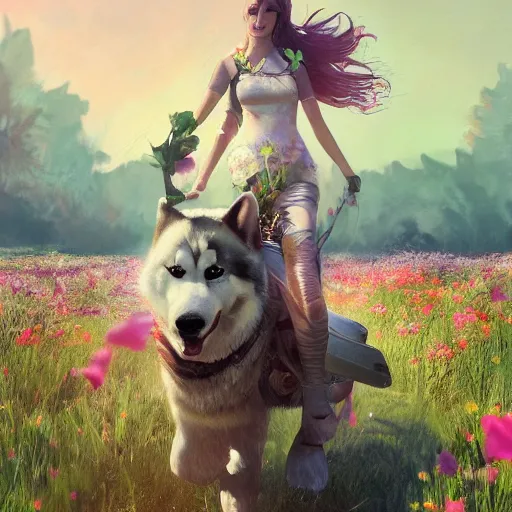 Image similar to girl riding a giant husky in a field of flowers, trending on artstation