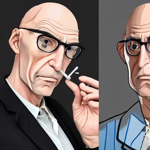 Image similar to A middle-aged Dr. Venture in real life with a hooked nose, a long gaunt face and skinny body and neck, very thin and bald, realistic, very realistic, hyperrealistic, highly detailed, very detailed, extremely detailed, detailed, digital art, oil painting, trending on artstation, headshot and bodyshot, detailed face, very detailed face, extremely detailed face, HD Quality, 8k resolution, very very detailed face, real life