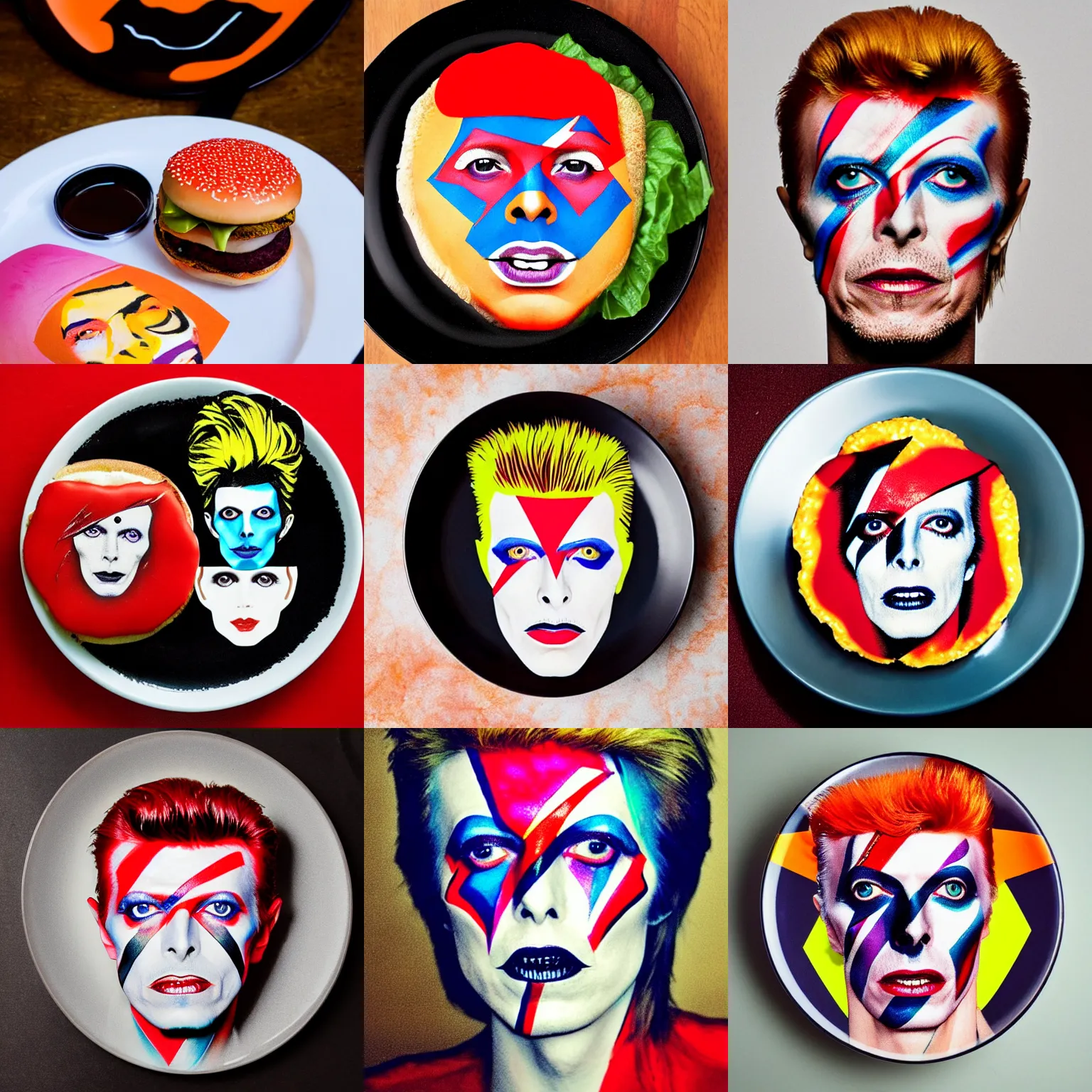 Prompt: David Bowie face paint themed cheeseburger, food photography, burger on a plate, 22mm