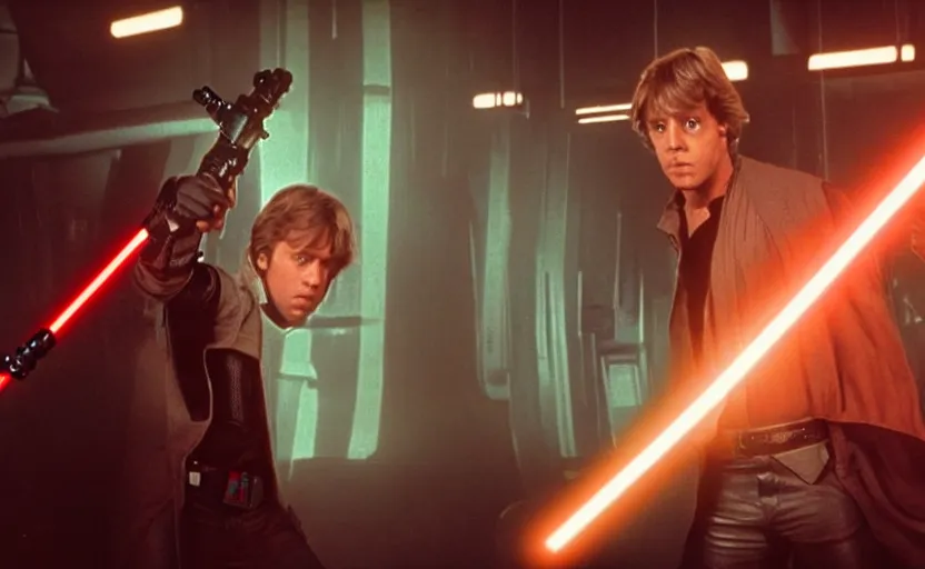 Image similar to screenshot portrait of Luke Skywalker lightsaber duel against a droid bounty hunter, in a seedy underground neon bar, iconic scene from 1980s film by Stanley Kubrick, 4k, cinematic still frame, cyberpunk sci fi architecture, portrait photoreal, detailed photo of Mark Hammill in the 1980s, moody lighting, stunning cinematography, hyper-detailed, sharp, anamorphic lenses, kodak color film stock