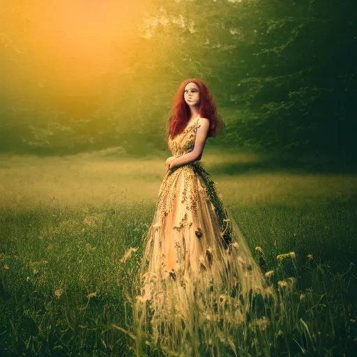 Image similar to photo of an extremely beautiful woman in ornate gown in an endless ethereal meadow, 4 k, hdr, smooth, sharp, focus, hyper realistic, high resolution, award - winning photo, bokeh, graflex camera, super resolution