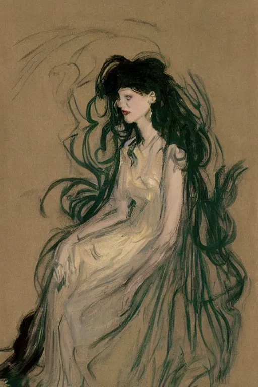 Image similar to portrait of hannah murray as delirium of the endless, the sandman by walter sickert, john singer sargent, and william open