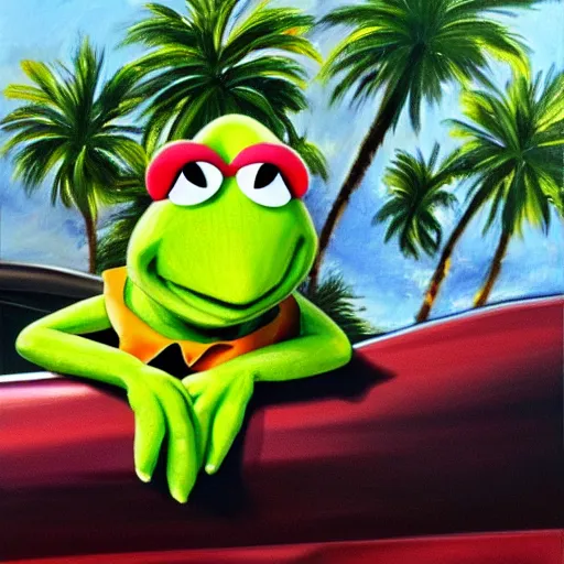 Prompt: kermit driving a car, palm trees, oil painting, detailed