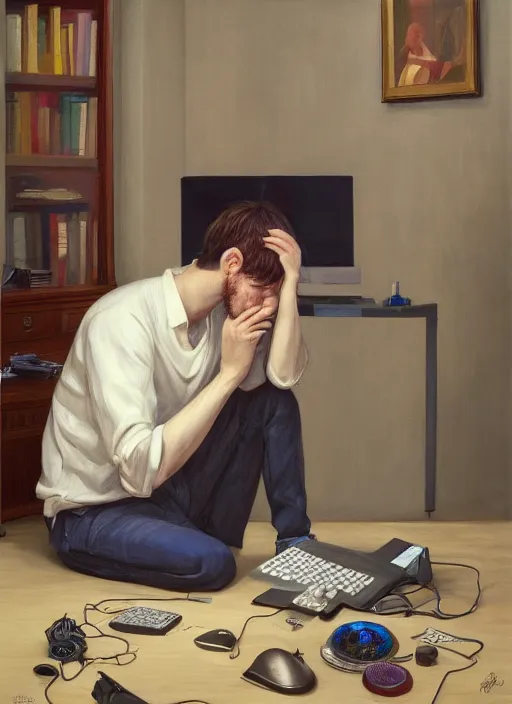 Image similar to insanely detailed portrait of a sleepy - looking programmer guy on his knees in front of his glowing ultrawide monitor begging for forgiveness, oil on canvas, masterwork, fine detail, trending on artstation, emotive, insanely compelling, ryden, koons, moebius