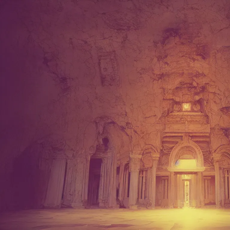 Prompt: a surreal explosion inside a marble temple, film photo, soft lighting album cover, nostalgia, gradient, light reflection