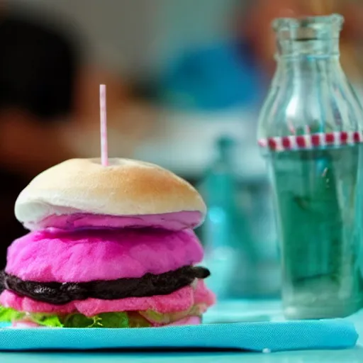 Prompt: a cotton candy burger. cyan and pink.