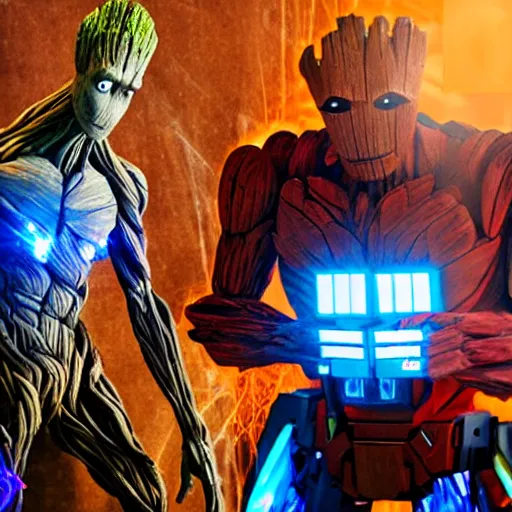 Image similar to groot and optimus prime in techno party among people dancing, wide shoot, after effect ultra realistic 3 d