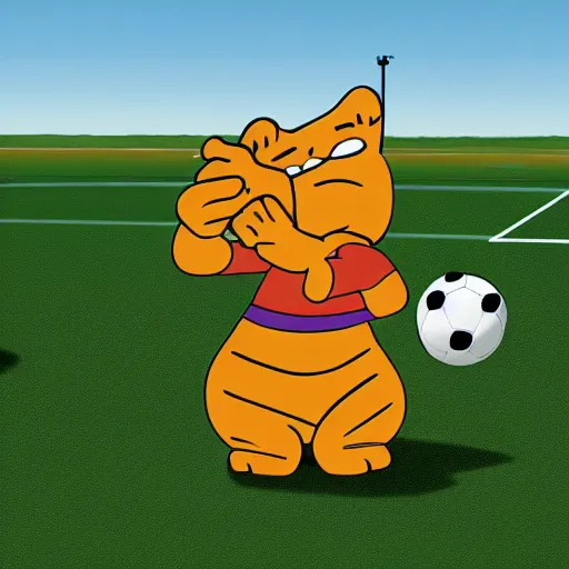 Image similar to garfield playing soccer in the space outside of the earth