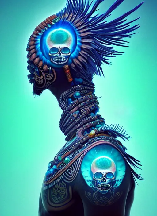 Image similar to 3 d shaman with tattoos profile portrait, sigma 5 0 0 mm f / 5. beautiful intricate highly detailed quetzalcoatl skull and feathers. bioluminescent, gradient background, plasma, frost, water, wind, creature, thunderstorm! artwork by tooth wu and wlop and beeple and greg rutkowski, 8 k trending on artstation,