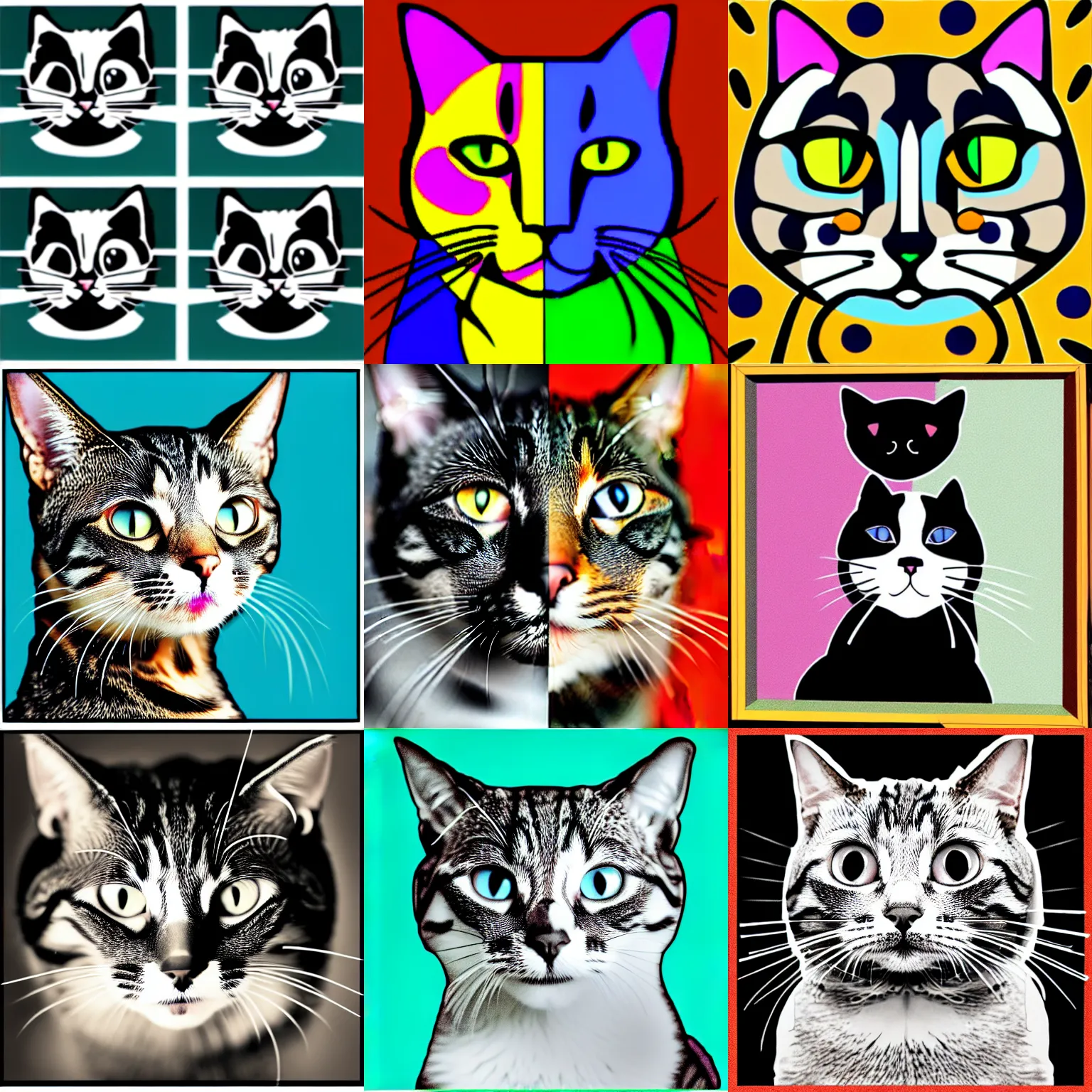 Prompt: picture divided into equal areas. each area contains a different image of a cat