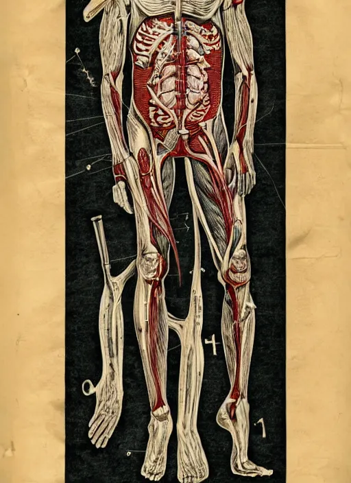 Image similar to vintage medical anatomical illustration of jason voorhees from friday the 1 3 th, highly detailed, labels, intricate writing