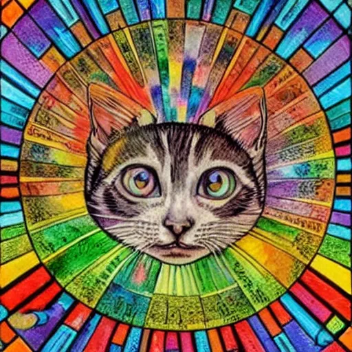 Prompt: a prism magically fractures a white kitten into every color of the rainbow, Louis William Wain,