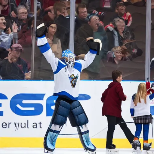 Prompt: ice hockey goalie waving to his beautiful sister in the stands