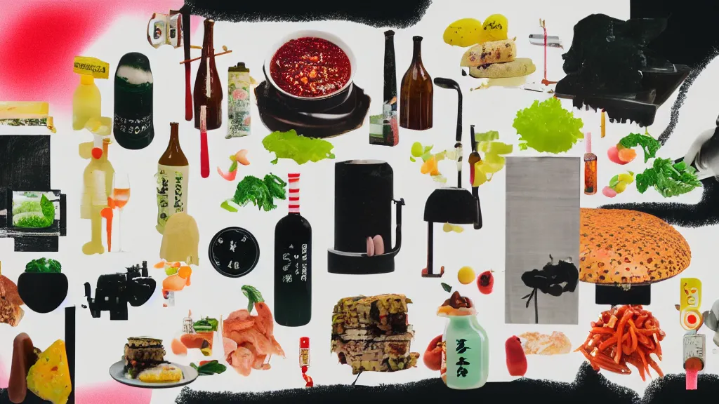 Prompt: an arrangement of foodie traveller props, japan, a collage painting, in the style of wes anderson, lola dupre, david hockney, isolated on negative white space background dark monochrome neon spraypaint accents volumetric octane render