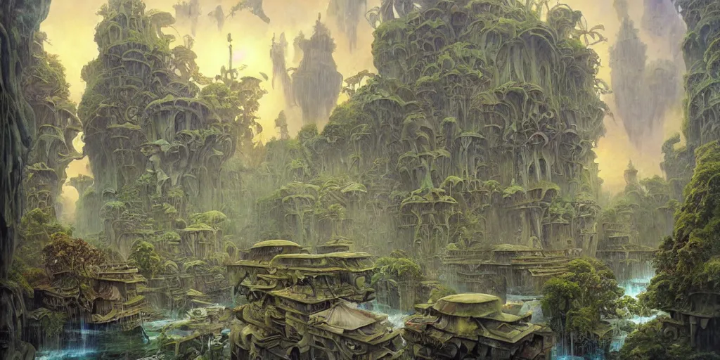 Prompt: a still frame of a floating society by hubert robert and daniel merriam and roger dean and jacek yerka, alex grey style, soft lighting, beautiful, realistic, detailed