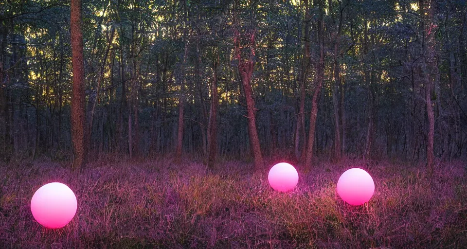 Prompt: softly glowing orbs of soft pink blue orange and gold pastel light floating above the forest floor at twilight, illuminating the surrounding scenery