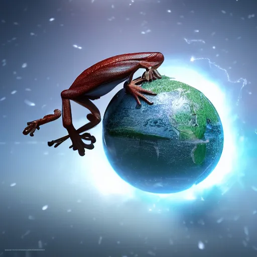 Image similar to a muscular frog holding planet earth over its head, octane render, cinematic rendering, 8 k, octane, digital art