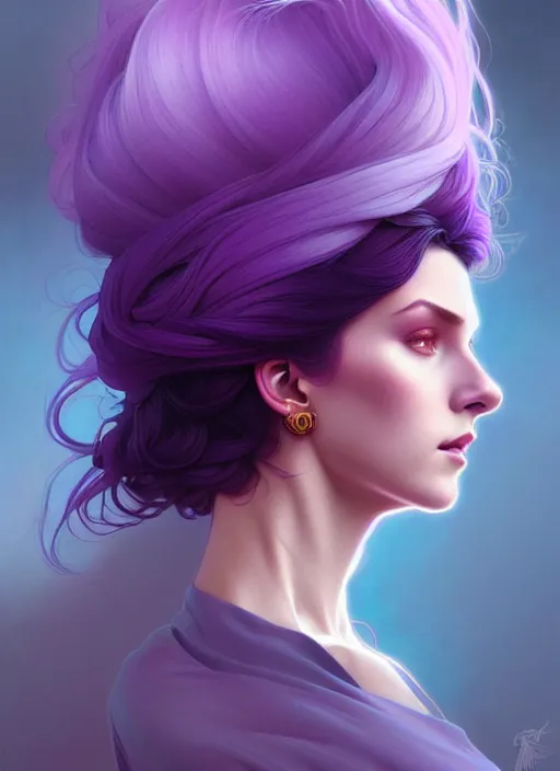 Image similar to Purple hair, creative colouring Portrait of woman, fashion, intricate, elegant, highly detailed, digital painting, artstation, concept art, smooth, sharp focus, illustration, art by artgerm and greg rutkowski and alphonse mucha