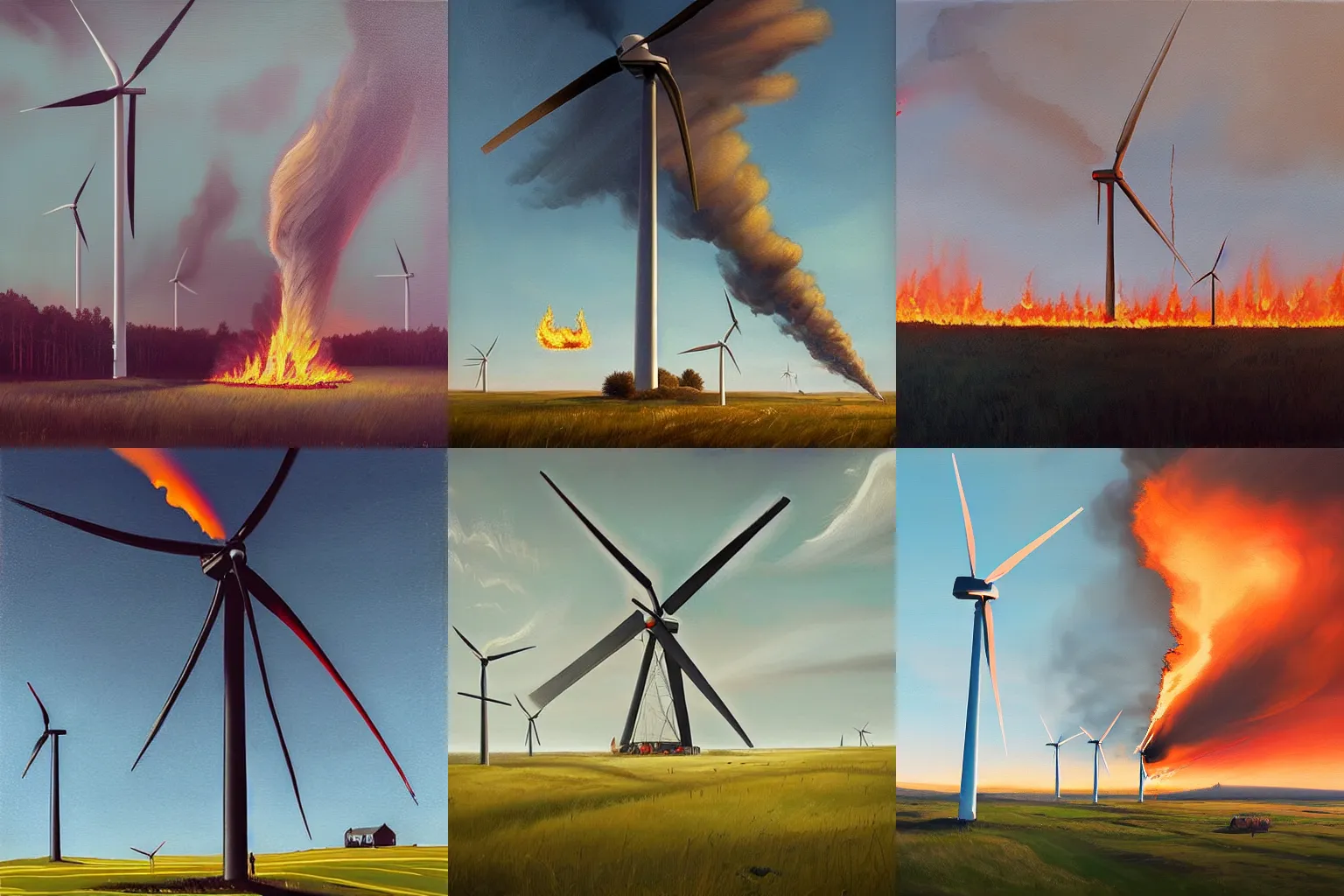 Prompt: a tall vestas wind mill set on fire, burning with dark smoke, in a sunny field, simon stalenhag, painting, detailed