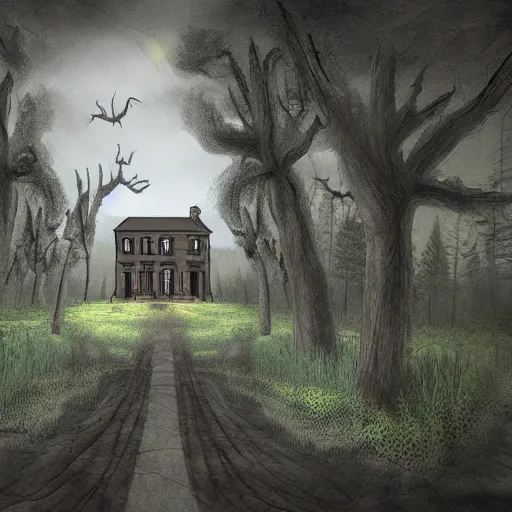 Prompt: digital art of a spooky mansion in the woods with mountains in the back, a trail leads to the doors. vampires and stuff.