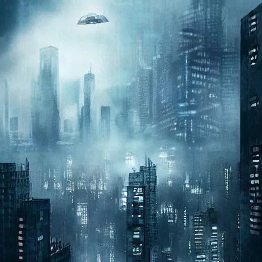 Image similar to “ girl standing on a roof looking down at a foggy futuristic new york city below, ghostpunk, blade runner, cyberpunk, storm clouds, very detailed, by mike deodato ”