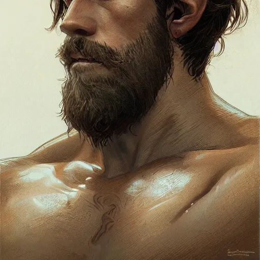 Image similar to portrait of a rugged ranger, coherent hands, handsome, muscular, upper body, leather, hairy torso, d & d, fantasy, intricate, elegant, highly detailed, digital painting, artstation, concept art, smooth, sharp focus, illustration, art by artgerm and greg rutkowski and alphonse mucha