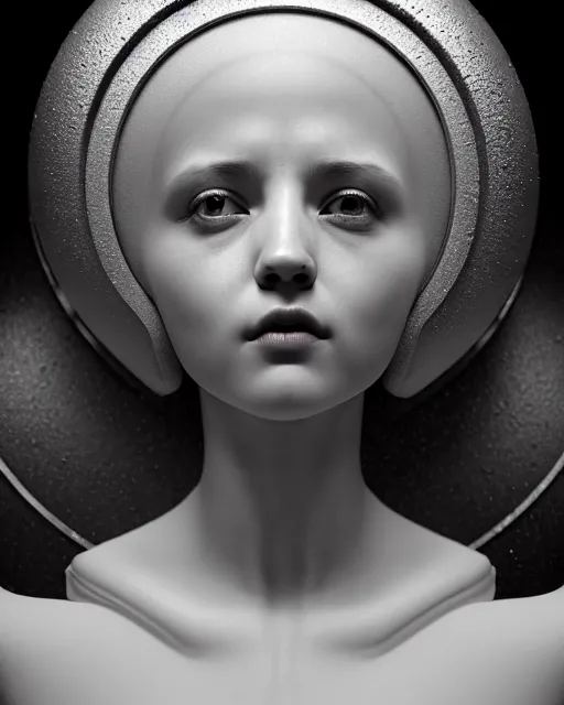 Image similar to dreamy, monochrome, subsurface scattering, white, young beautiful goddess - robot in cosmos, octane render, dino valls, mark ryden, joe fenton, michal karcz, highly detailed, rim light, art, cinematic lighting, very coherent, hyper realism, 8 k