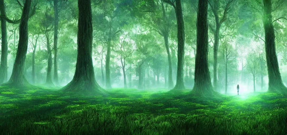 Image similar to beautiful glowing forest, white city far away, blue sky, alien round shape, green plants, futuristic, magical feeling, detailed, digital art